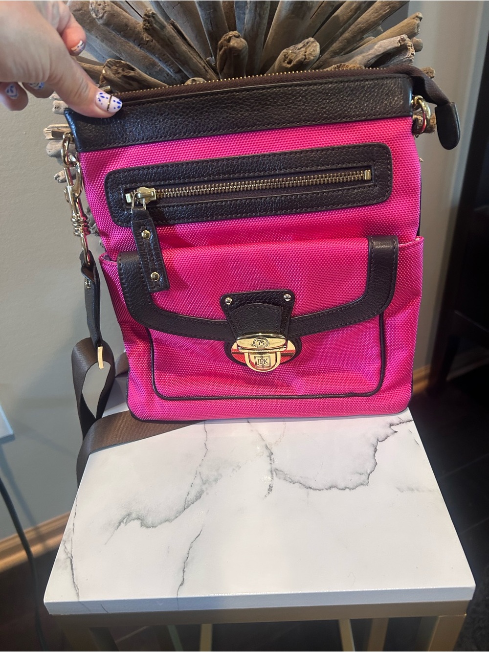 Hot Pink Crossbody Bag with Dark Brown Trim and Gold Turn-Lock